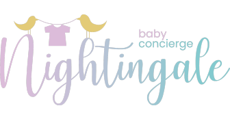 Nightingale Baby Concierge text in pastel colors with a baby shirt and two yellow birds